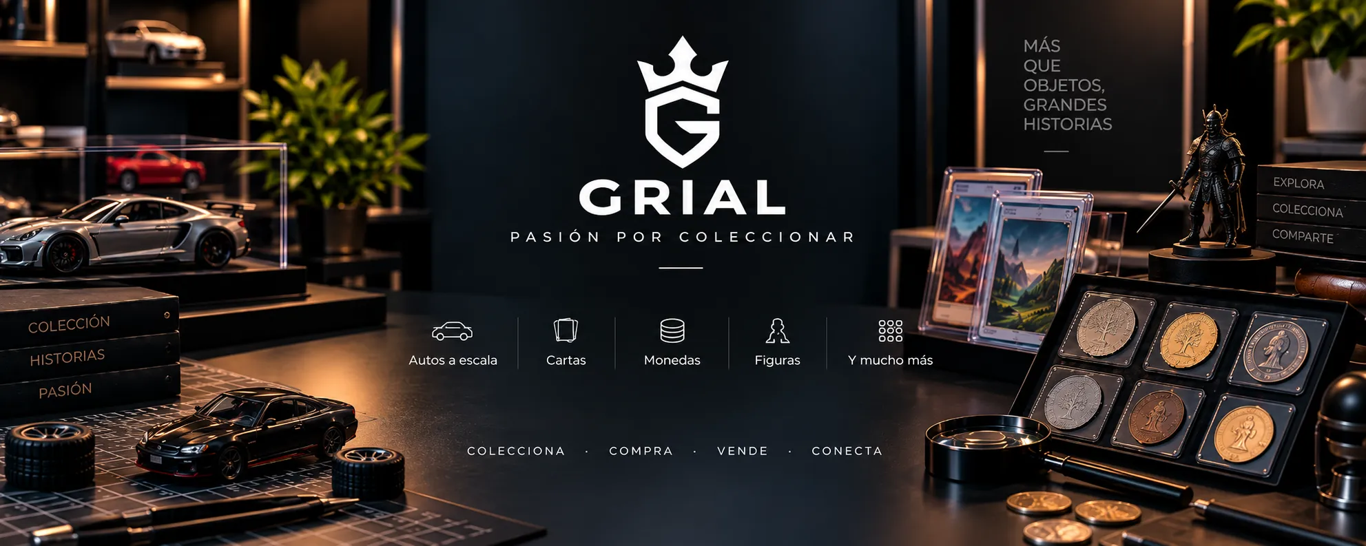 Banner de Grial con autos a escala, cartas coleccionables, monedas y figuras